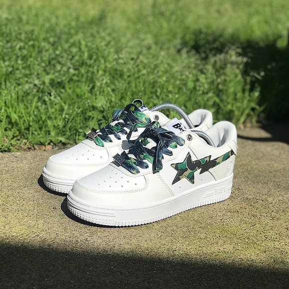 A Bathing Ape Bape STA low White Green Camouflage Sneakers